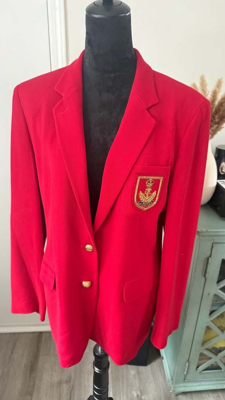 Lauren Ralph Lauren Vintage Red Worsted Wool Blazer with Gold Crest and Buttons - Picture 4 of 10